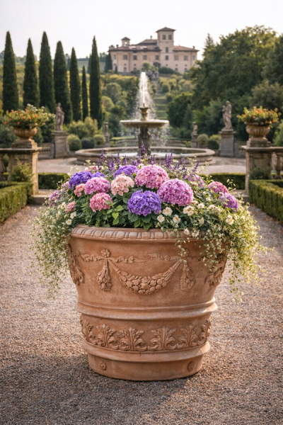 Grand bac à plantes richement décoré en terre cuite d’Impruneta – artisanat toscan traditionnel